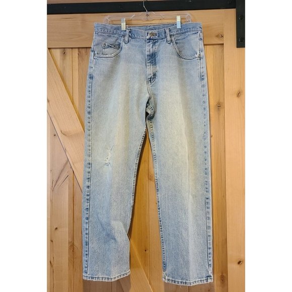 Wrangler Jeans Mens 36x29 Blue Denim Relaxed Fit Straight Leg 97601 Distressed - Picture 1 of 16
